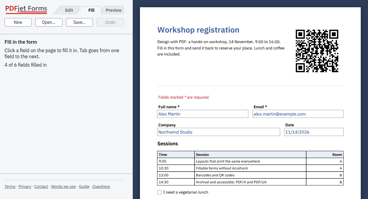 The editor, with a workshop registration form being filled in: the fields on the left, and on the right the page as it will print.